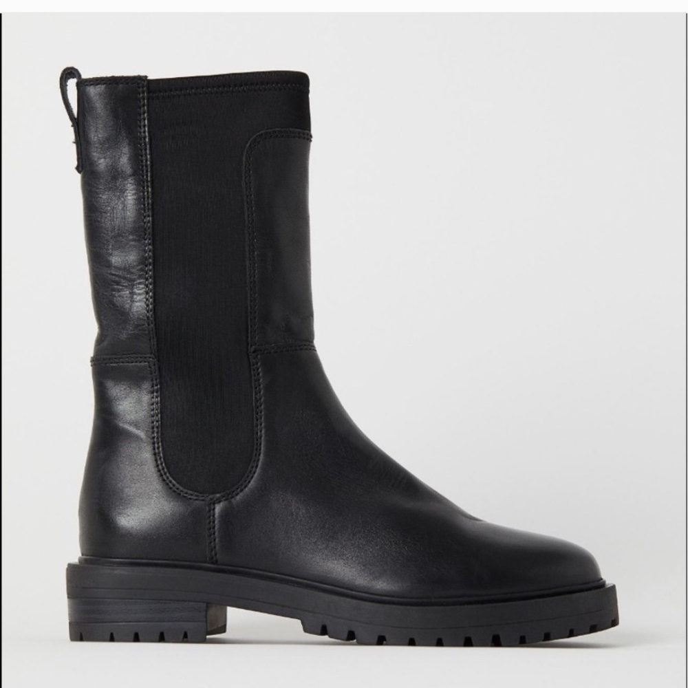H&M Black Pull On Leather Moto Boots